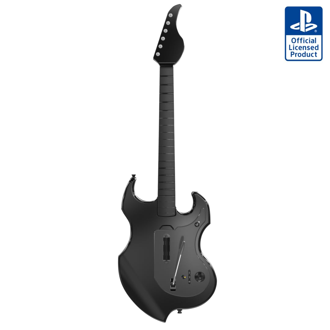 PDP Riffmaster Wireless Guitar Controller for PS5. PS4. PlayStation. PC | Licensed by Sony. Rock Band 4 & Fortnite Festival. 3.5mm audio jack. Rechargeable 36-Hr Battery. Collapsible Design - Black