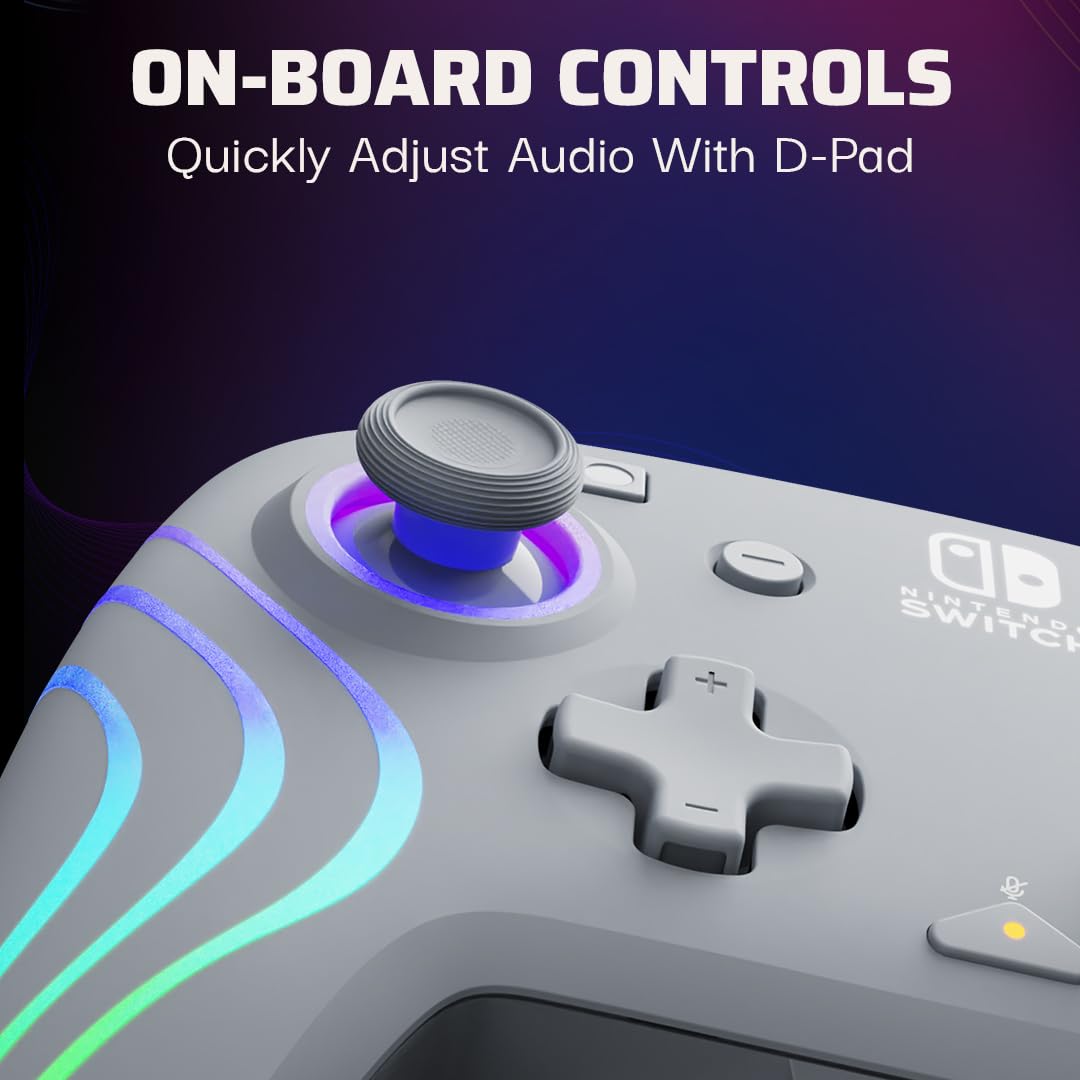 PDP Afterglow Wave Wired RGB Gaming Controller for Nintendo Switch 2. Lite | Also works with Switch OLED. RGB LED Lighting. 2 Mappable Back Buttons. Audio Controls. Headset Jack. Motion Controls. Gray