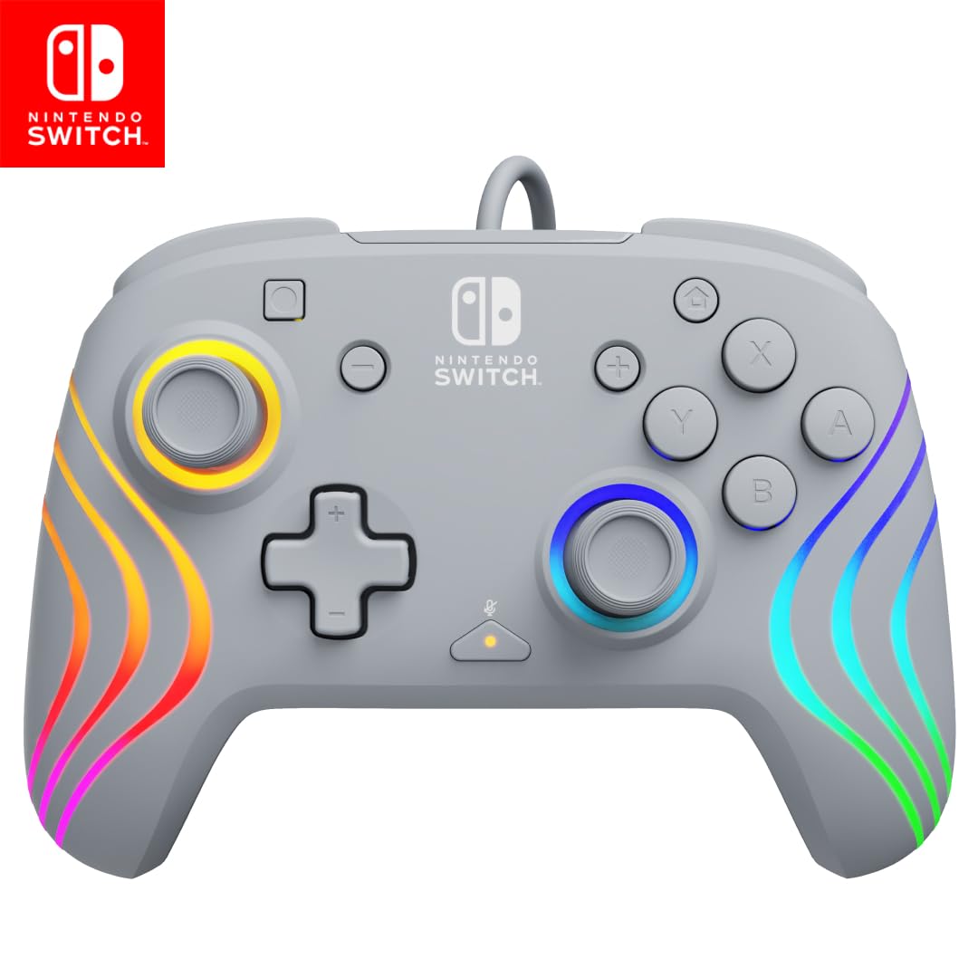 PDP Afterglow Wave Wired RGB Gaming Controller for Nintendo Switch 2. Lite | Also works with Switch OLED. RGB LED Lighting. 2 Mappable Back Buttons. Audio Controls. Headset Jack. Motion Controls. Gray