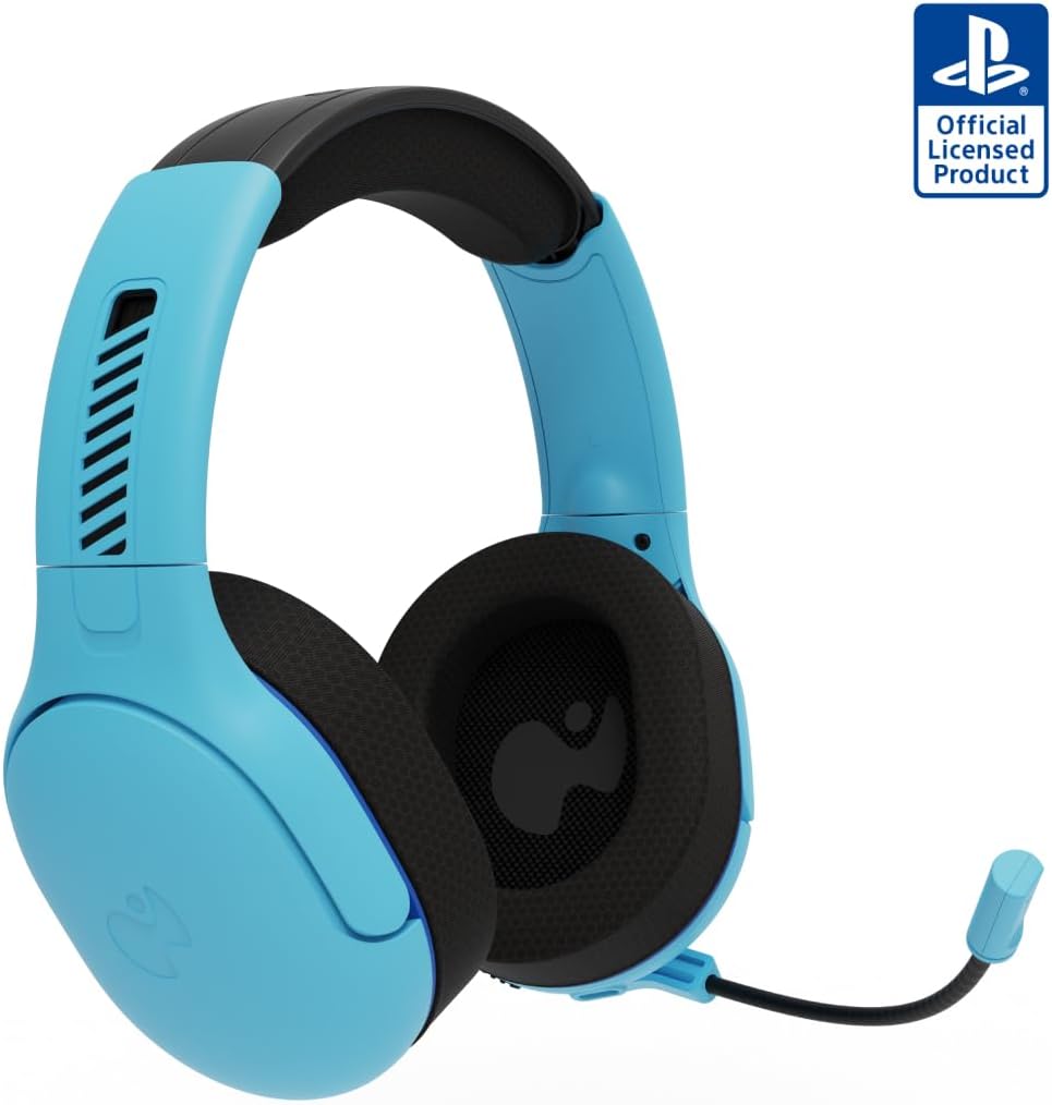 PDP AIRLITE Pro Wireless Stereo Gaming Headset. Officially Licensed by Sony PlayStation 5. PS5/PS4/PS3/PC. Lightweight Durable 40 Foot Connection. Noise-canceling Flip-to-Mute Mic. Neptune Blue