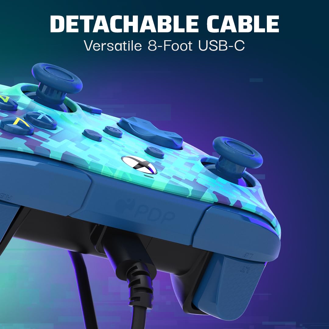 PDP Gaming REMATCH Enhanced Wired Gaming ControllerLicensed Xbox Series X|S Gamepad, Xbox One, PC, Mappable Back Buttons, Customizable Triggers, Audio Control, Companion App: Glitch Green/Blue