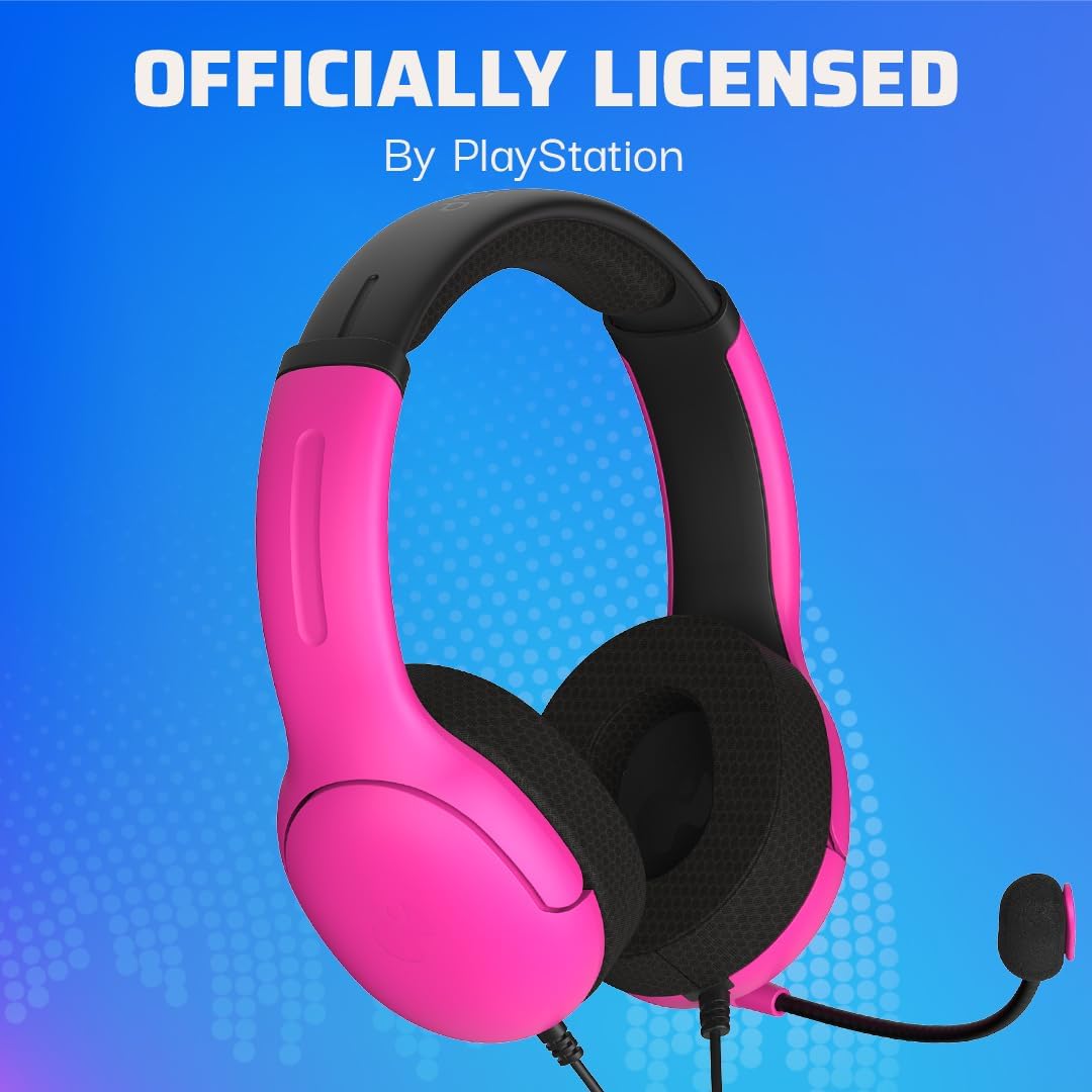 PDP AIRLITE Wired Stereo Gaming Headset. Officially Licensed Sony PlayStation 5. PS5/PS4/PS3/PC. Lightweight Durable Headphones. 3.5mm Audio Jack. Noise-canceling Flip-to-Mute Mic. Nebula Pink
