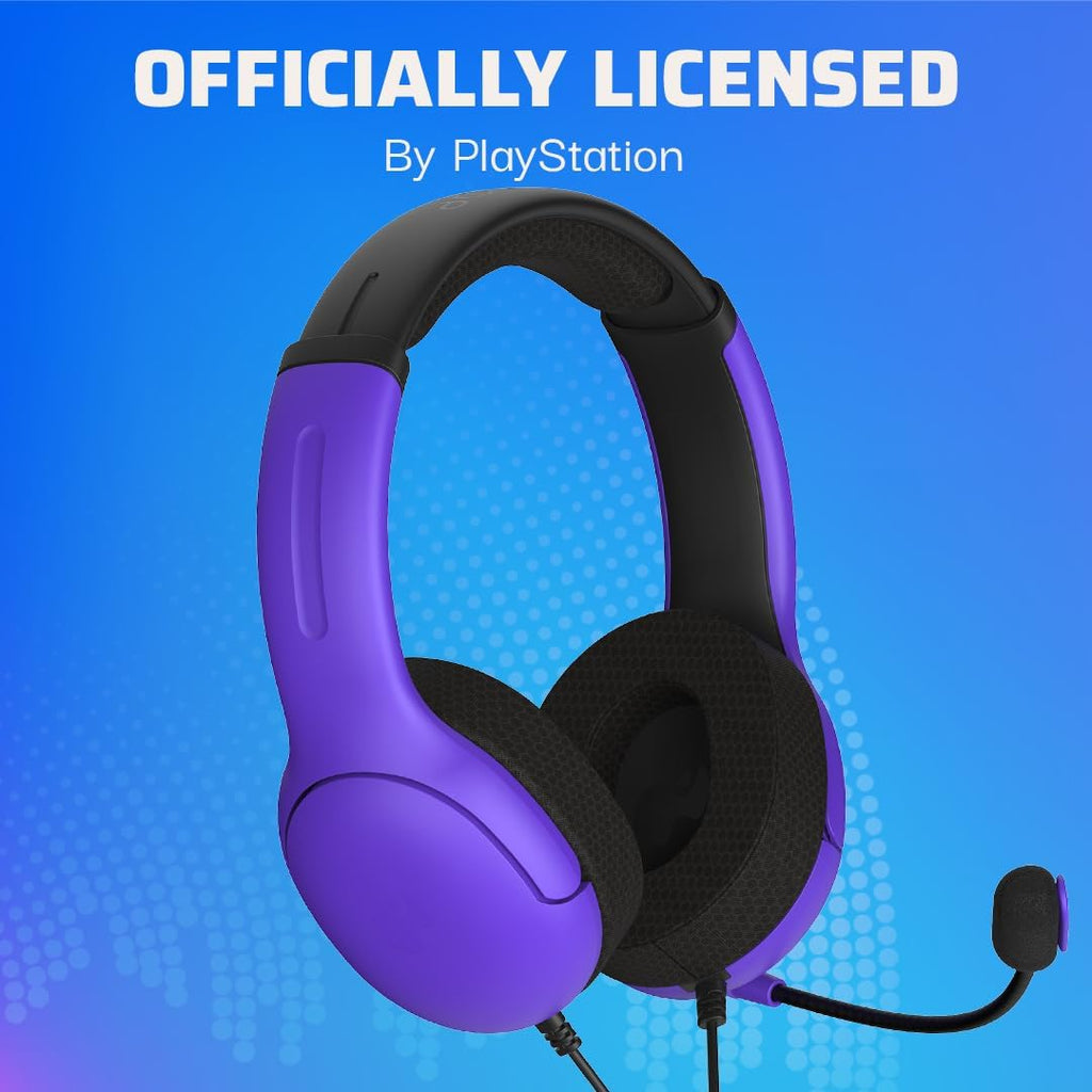 PDP Airlite Wired Gaming Headset for PS5. PS5. PlayStation & PC | Licensed for PlayStation. Noise-Cancelling Flip-to-Mute Mic. Lightweight yet Durable Design. 3.5mm Jack. Ultraviolet Purple