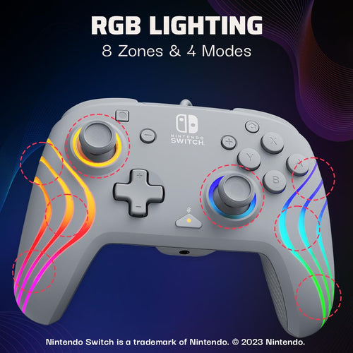 PDP Afterglow Wave Wired RGB Gaming Controller for Nintendo Switch 2. Lite | Also works with Switch OLED. RGB LED Lighting. 2 Mappable Back Buttons. Audio Controls. Headset Jack. Motion Controls. Gray