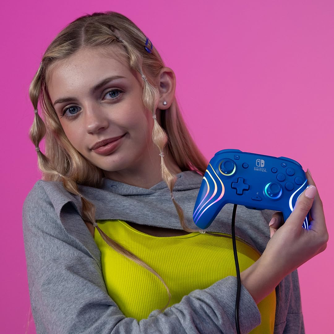 PDP Afterglow Wave Wired RGB Gaming Controller for Nintendo Switch 2. Lite | Also works with Switch OLED. RGB LED Lighting. 2 Mappable Back Buttons. Audio Controls. Headset Jack. Motion Controls. Blue
