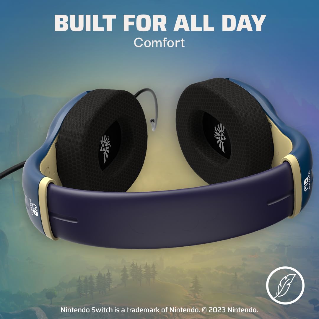 PDP Airlite Wired Gaming Headset for Nintendo Switch 2. Switch Lite. OLED | Flexible Noise-Cancelling Mic. Lightweight Design. Soft Ear Cushions. On-Ear Volume Controls. Zelda Hyrule Blue Edition