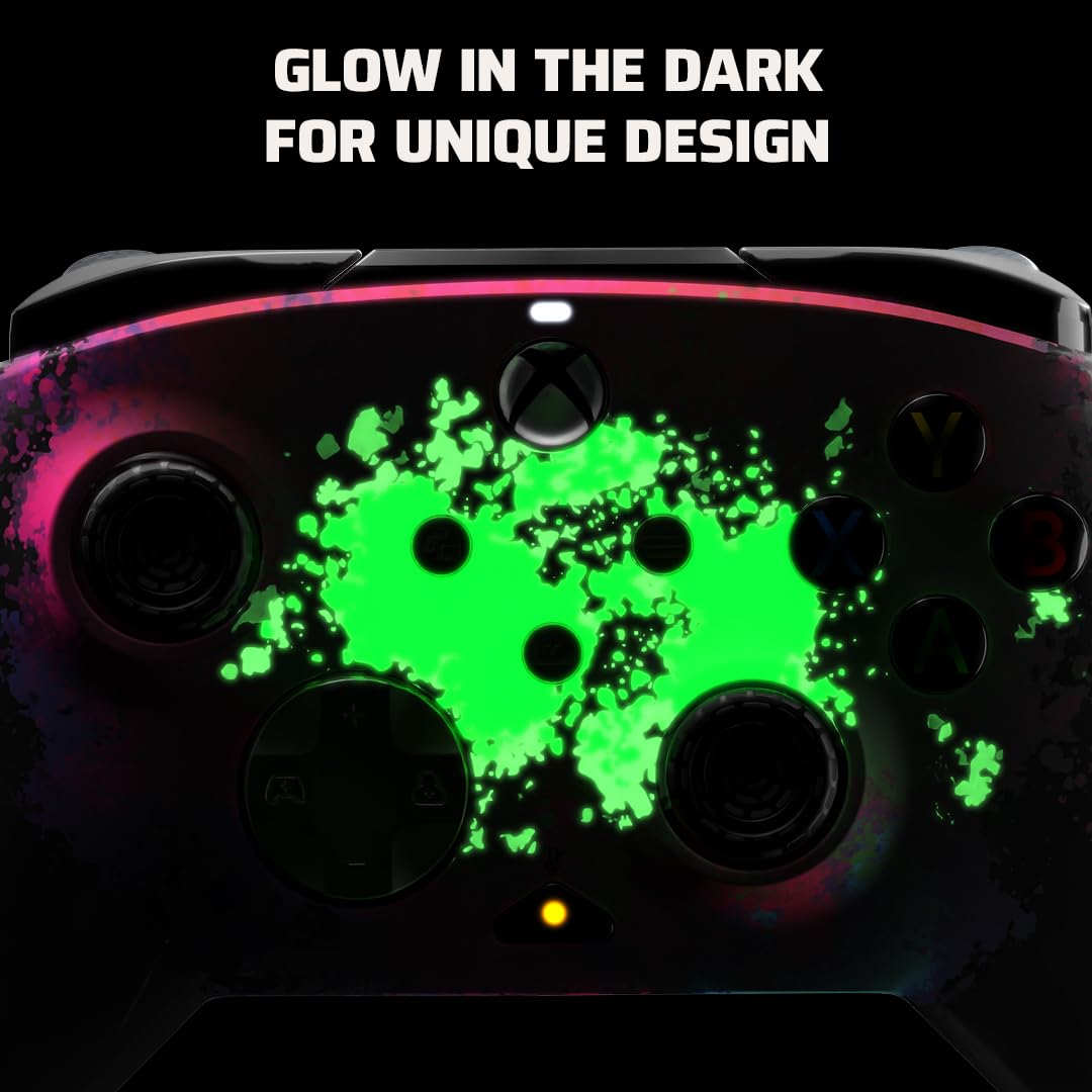 PDP Gaming REMATCH GLOW Enhanced Wired ControllerLicensed Xbox Series X|S Gamepad, Xbox One, Windows PC, Mappable Back Buttons, Audio Control, Customizable Companion App: Space Dust Glow in the Dark