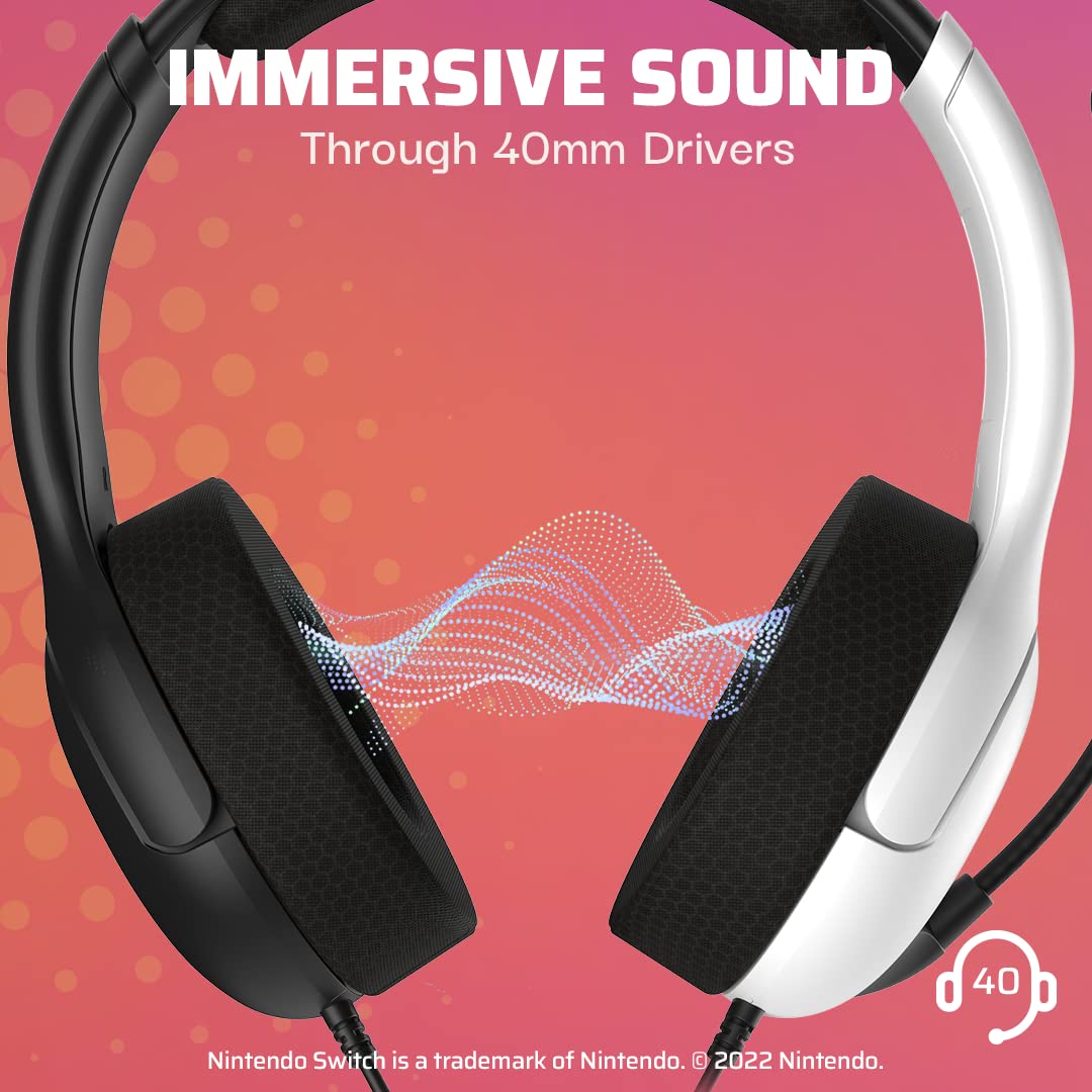 PDP Gaming AIRLITE Stereo Headset with Mic for Nintendo Switch/Switch Lite/OLED - Wired Power Noise Cancelling Microphone. Lightweight. Soft Comfort On Ear Headphones (Black & White)