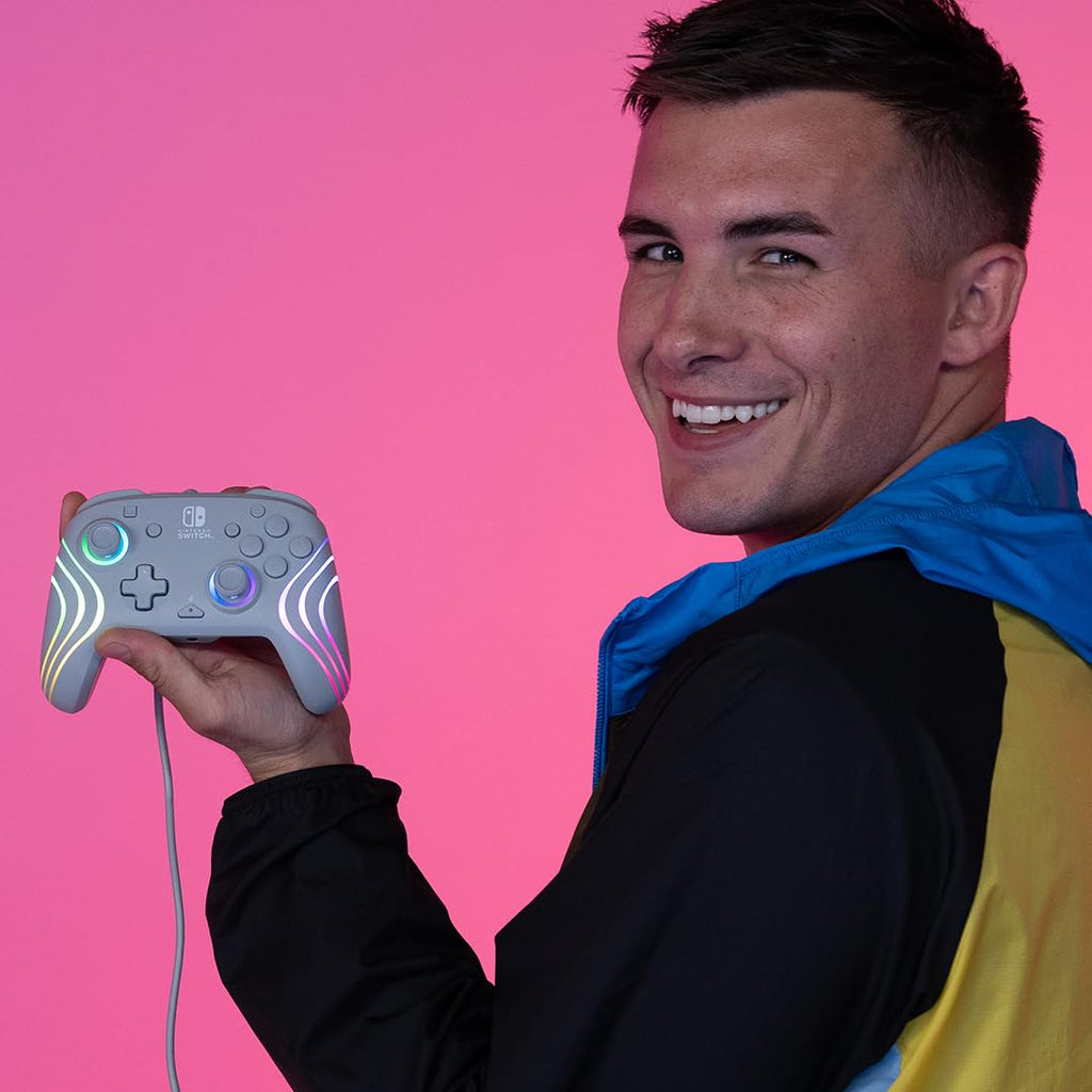 PDP Afterglow Wave Wired RGB Gaming Controller for Nintendo Switch 2. Lite | Also works with Switch OLED. RGB LED Lighting. 2 Mappable Back Buttons. Audio Controls. Headset Jack. Motion Controls. Gray