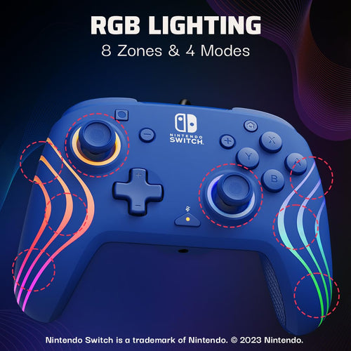 PDP Afterglow Wave Wired RGB Gaming Controller for Nintendo Switch 2. Lite | Also works with Switch OLED. RGB LED Lighting. 2 Mappable Back Buttons. Audio Controls. Headset Jack. Motion Controls. Blue