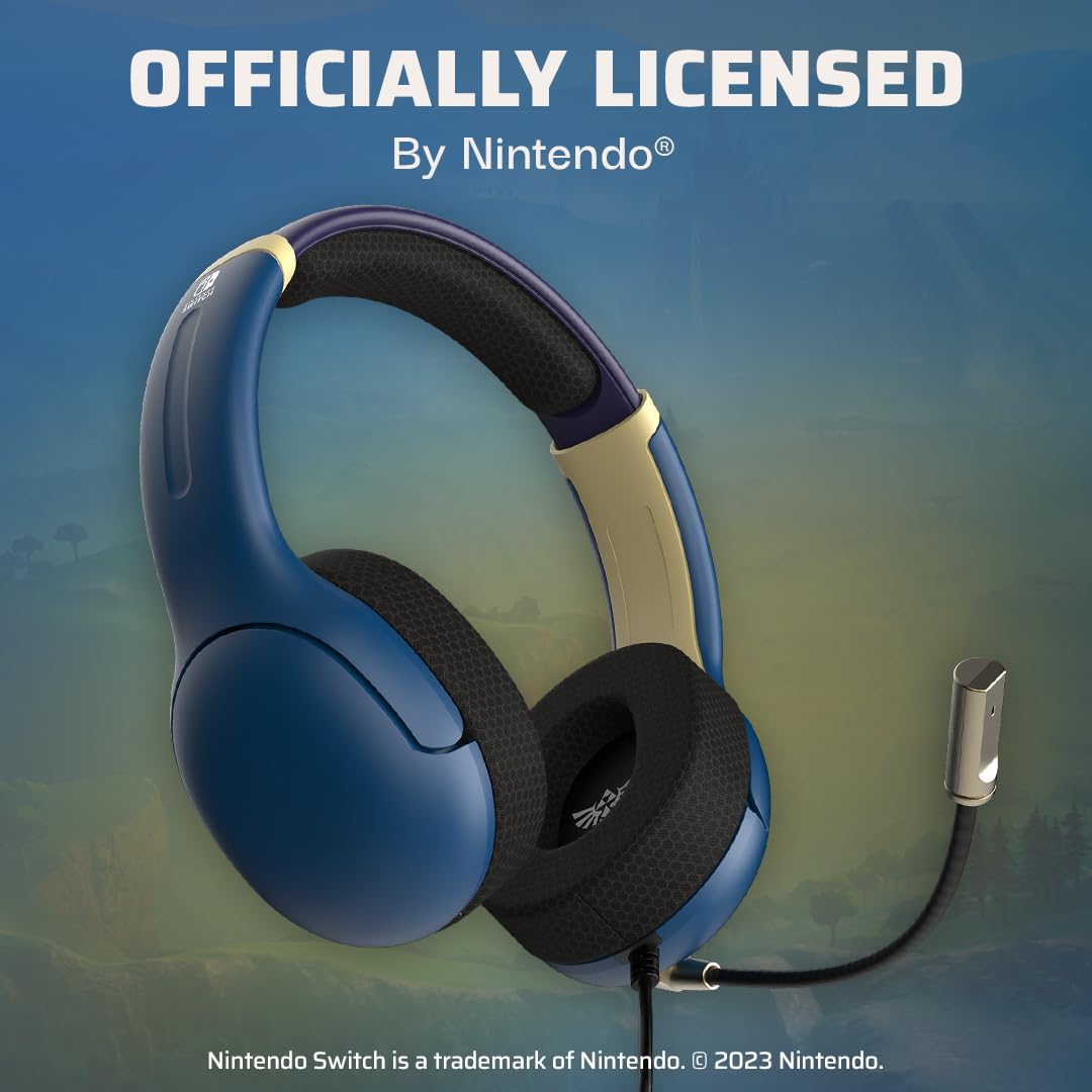 PDP Airlite Wired Gaming Headset for Nintendo Switch 2. Switch Lite. OLED | Flexible Noise-Cancelling Mic. Lightweight Design. Soft Ear Cushions. On-Ear Volume Controls. Zelda Hyrule Blue Edition