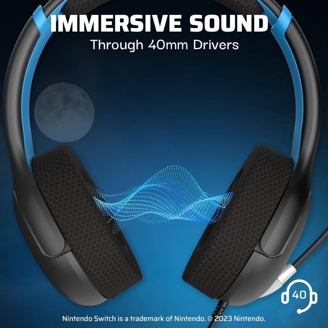 PDP Gaming AIRLITE Stereo Headset with Mic for Nintendo Switch/Lite/OLED - Wired Power Noise Cancelling Microphone. Lightweight. Soft Comfort On Ear Headphones (Moonlight Black/Blue)
