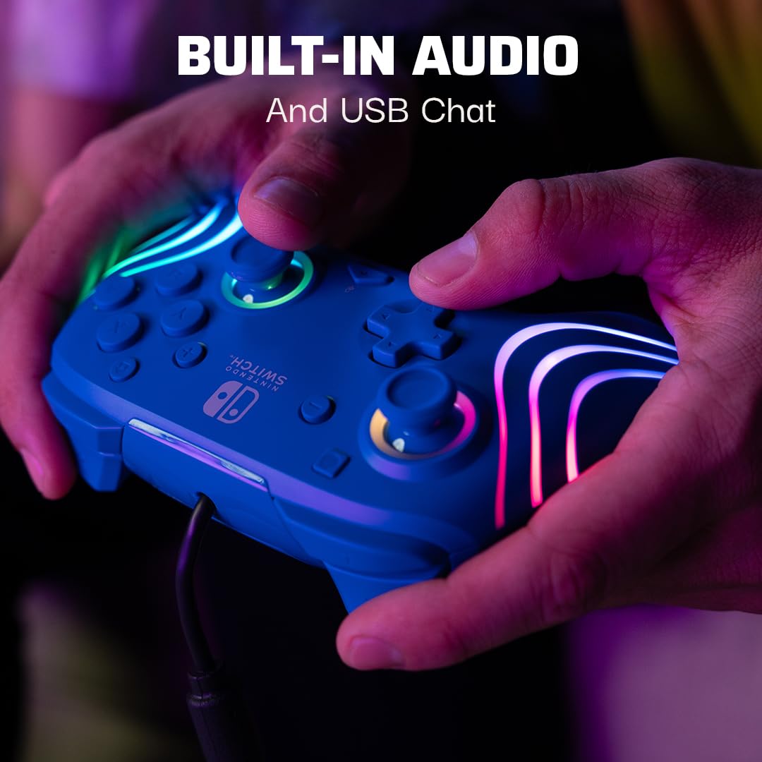 PDP Afterglow Wave Wired RGB Gaming Controller for Nintendo Switch 2. Lite | Also works with Switch OLED. RGB LED Lighting. 2 Mappable Back Buttons. Audio Controls. Headset Jack. Motion Controls. Blue