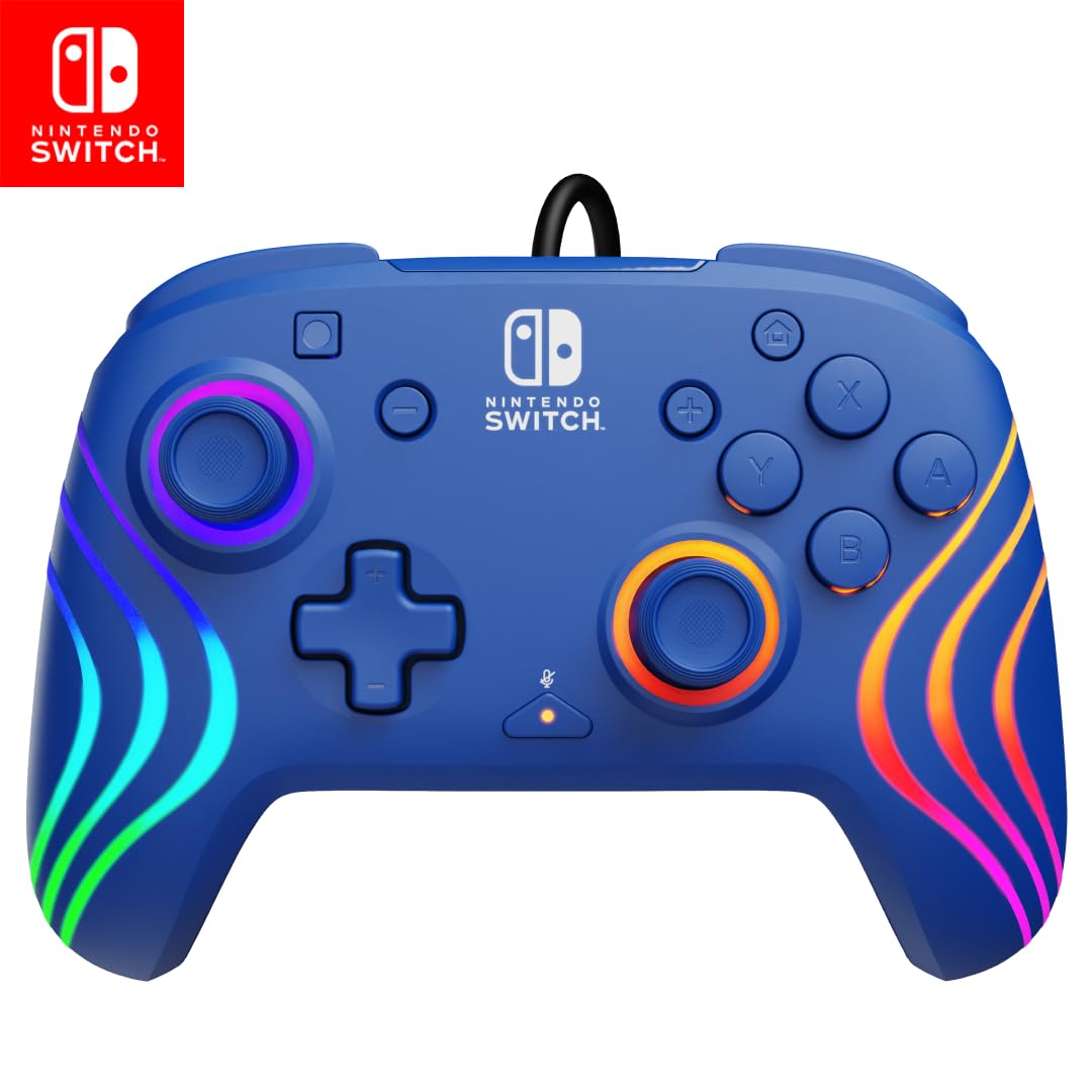 PDP Afterglow Wave Wired RGB Gaming Controller for Nintendo Switch 2. Lite | Also works with Switch OLED. RGB LED Lighting. 2 Mappable Back Buttons. Audio Controls. Headset Jack. Motion Controls. Blue