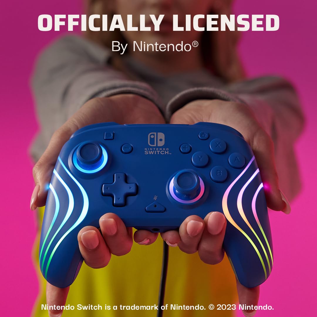 PDP Afterglow Wave Wired RGB Gaming Controller for Nintendo Switch 2. Lite | Also works with Switch OLED. RGB LED Lighting. 2 Mappable Back Buttons. Audio Controls. Headset Jack. Motion Controls. Blue