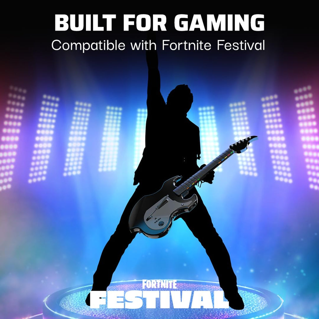 PDP Riffmaster Wireless Guitar Controller for Nintendo Switch 2. Lite. OLED | Licensed for Switch. Fortnite Festival. Rechargeable 40-Hr Battery. Collapsible Design. 2 Mappable Buttons. Audio Jack. Black