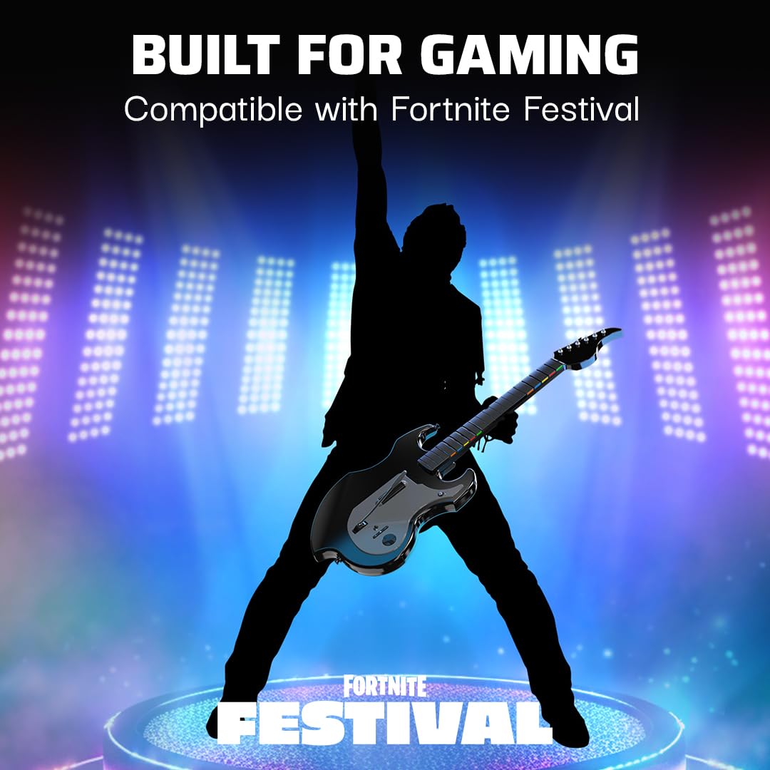 PDP Riffmaster Wireless Guitar Controller for Nintendo Switch 2. Lite. OLED | Licensed for Switch. Fortnite Festival. Rechargeable 40-Hr Battery. Collapsible Design. 2 Mappable Buttons. Audio Jack. Black