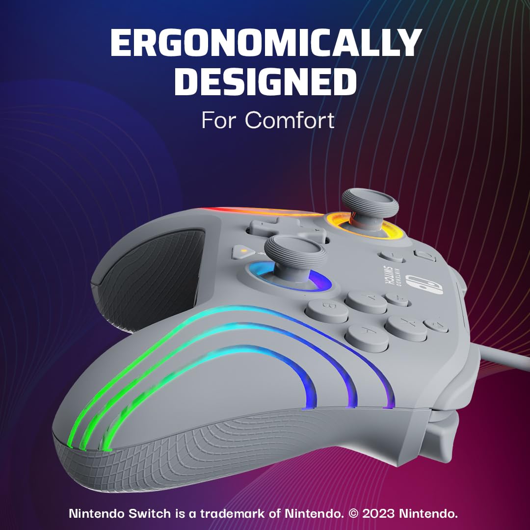 PDP Afterglow Wave Wired RGB Gaming Controller for Nintendo Switch 2. Lite | Also works with Switch OLED. RGB LED Lighting. 2 Mappable Back Buttons. Audio Controls. Headset Jack. Motion Controls. Gray