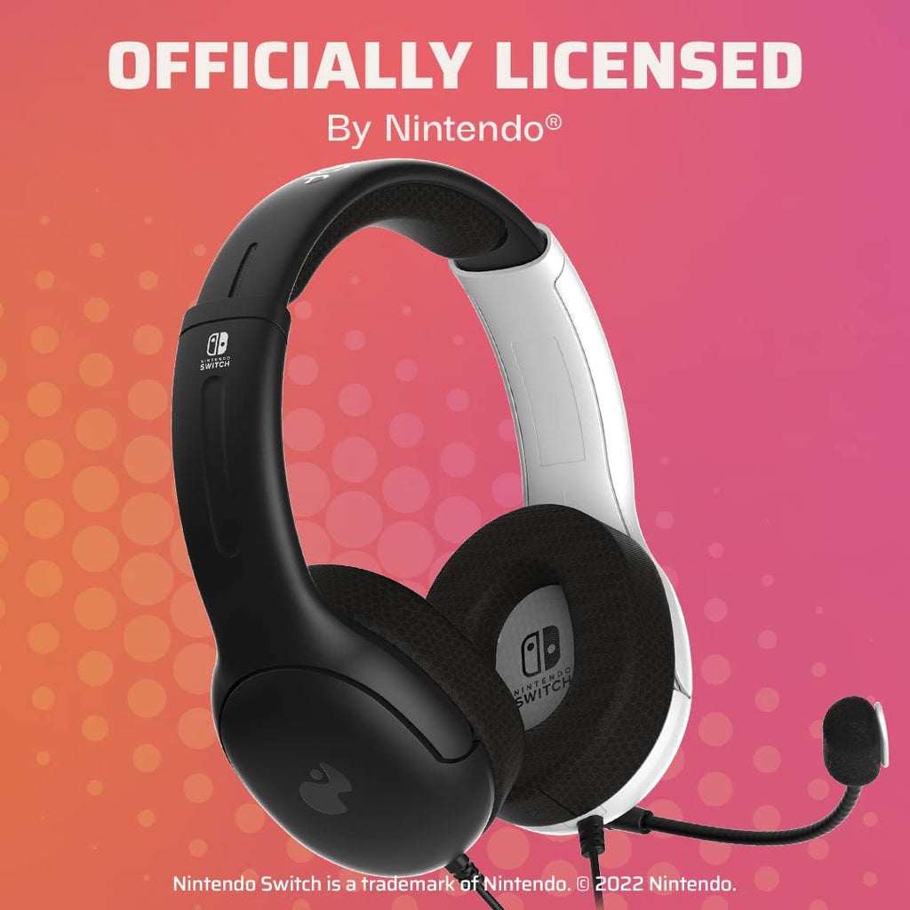 PDP Gaming AIRLITE Stereo Headset with Mic for Nintendo Switch/Switch Lite/OLED - Wired Power Noise Cancelling Microphone. Lightweight. Soft Comfort On Ear Headphones (Black & White)