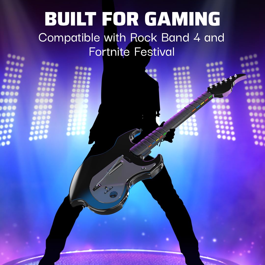 PDP Riffmaster Wireless Guitar Controller for PS5. PS4. PlayStation. PC | Licensed by Sony. Rock Band 4 & Fortnite Festival. 3.5mm audio jack. Rechargeable 36-Hr Battery. Collapsible Design - Black