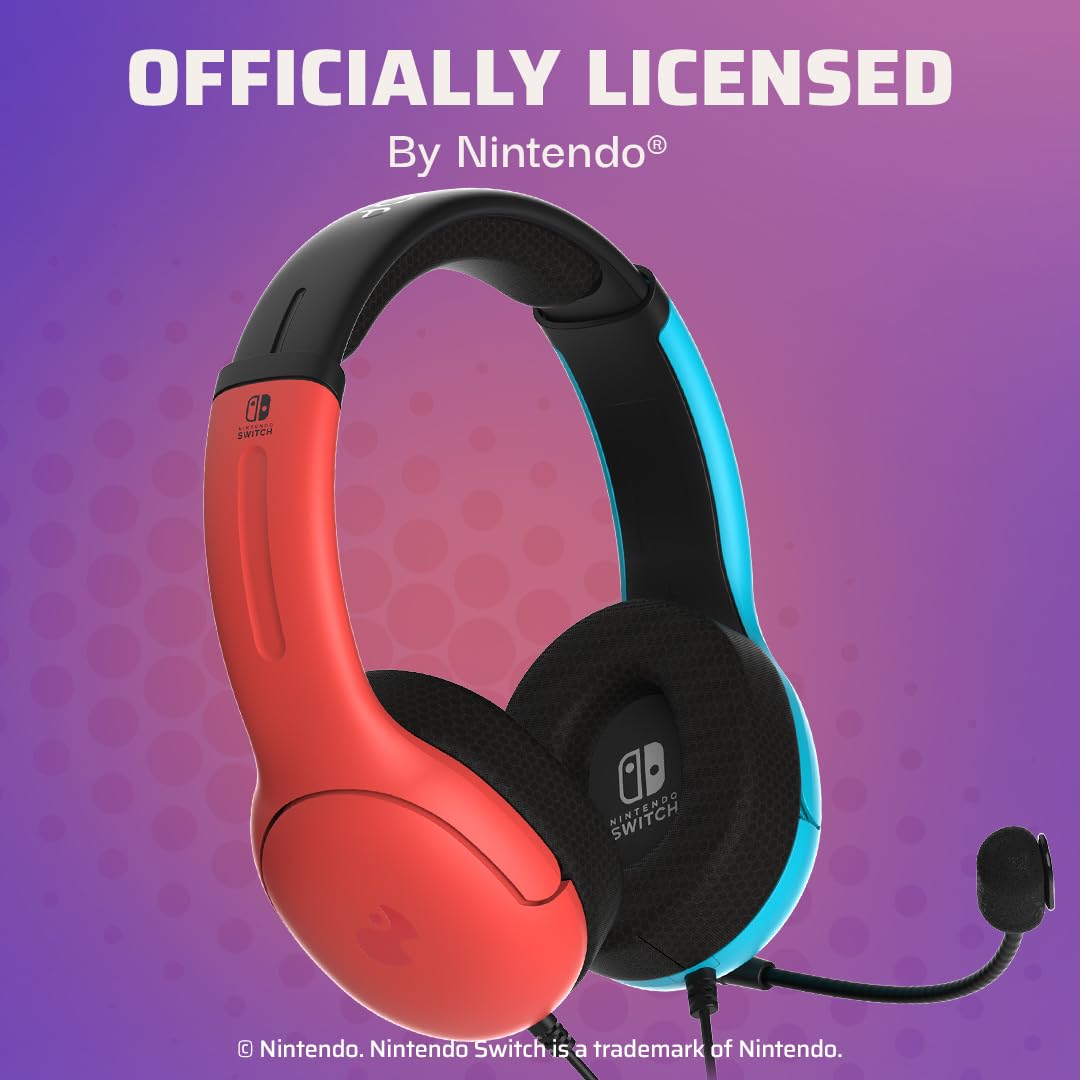 PDP Gaming LVL40 Airlite Stereo Headset for Nintendo Switch/Lite/OLED - Wired Power Noise Cancelling Microphone. Lightweight Soft Comfort On Ear Headphones (Mario Neon - Red & Blue)