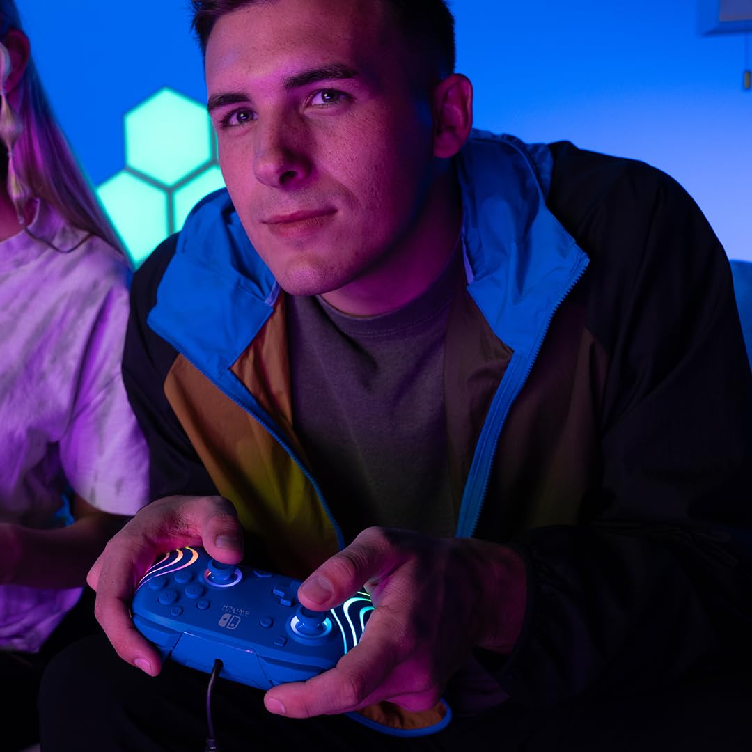 PDP Afterglow Wave Wired RGB Gaming Controller for Nintendo Switch 2. Lite | Also works with Switch OLED. RGB LED Lighting. 2 Mappable Back Buttons. Audio Controls. Headset Jack. Motion Controls. Blue