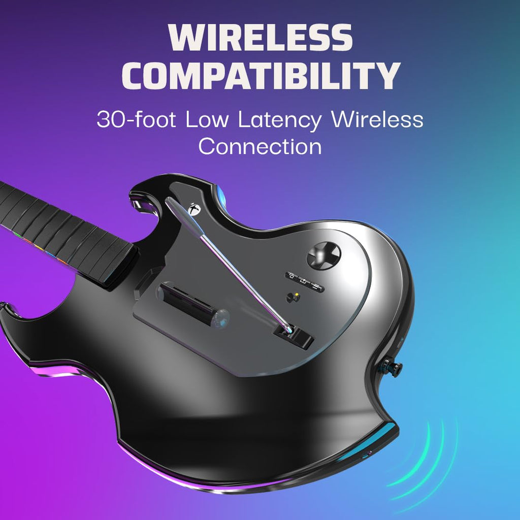 PDP Riffmaster Wireless Guitar Controller for Xbox Series X|S. Xbox One. PC | Licensed for Xbox. Rock Band 4 & Fortnite Festival. 3.5mm audio jack. Rechargeable 36-Hr Battery. Collapsible Design - Black