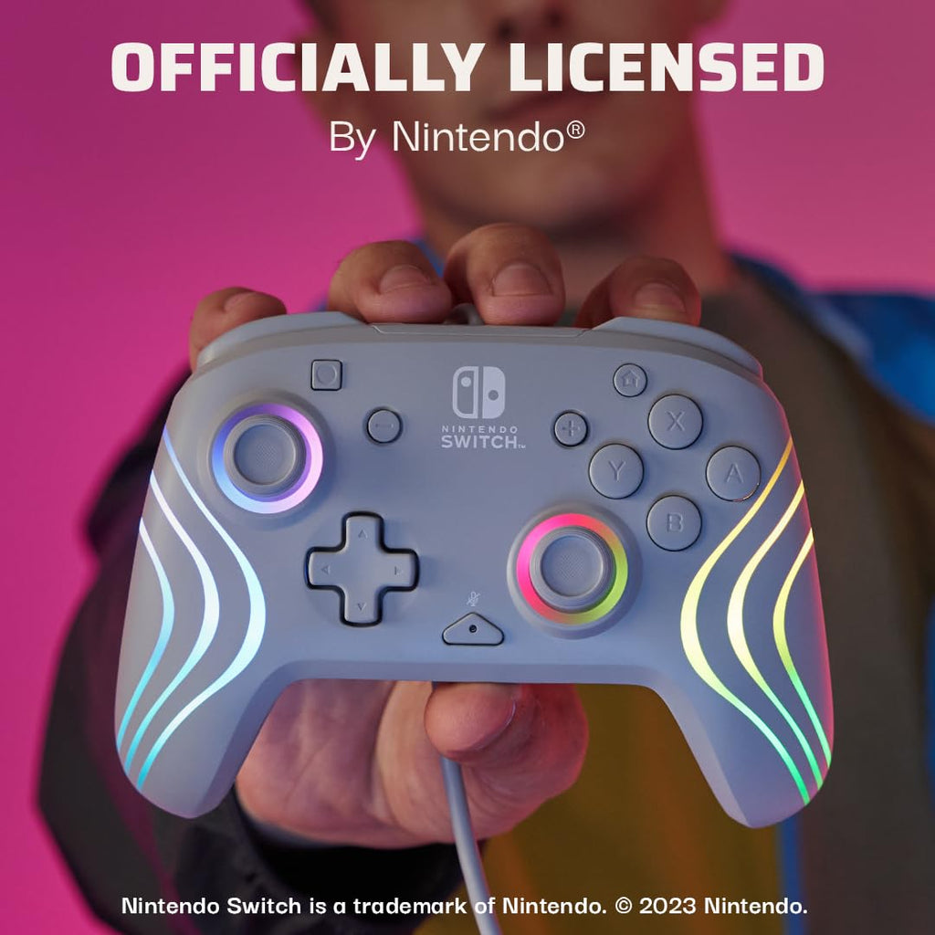 PDP Afterglow Wave Wired RGB Gaming Controller for Nintendo Switch 2. Lite | Also works with Switch OLED. RGB LED Lighting. 2 Mappable Back Buttons. Audio Controls. Headset Jack. Motion Controls. Gray