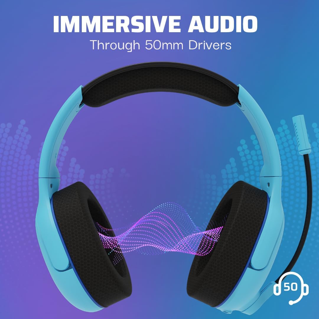 PDP AIRLITE Pro Wireless Stereo Gaming Headset. Officially Licensed by Sony PlayStation 5. PS5/PS4/PS3/PC. Lightweight Durable 40 Foot Connection. Noise-canceling Flip-to-Mute Mic. Neptune Blue