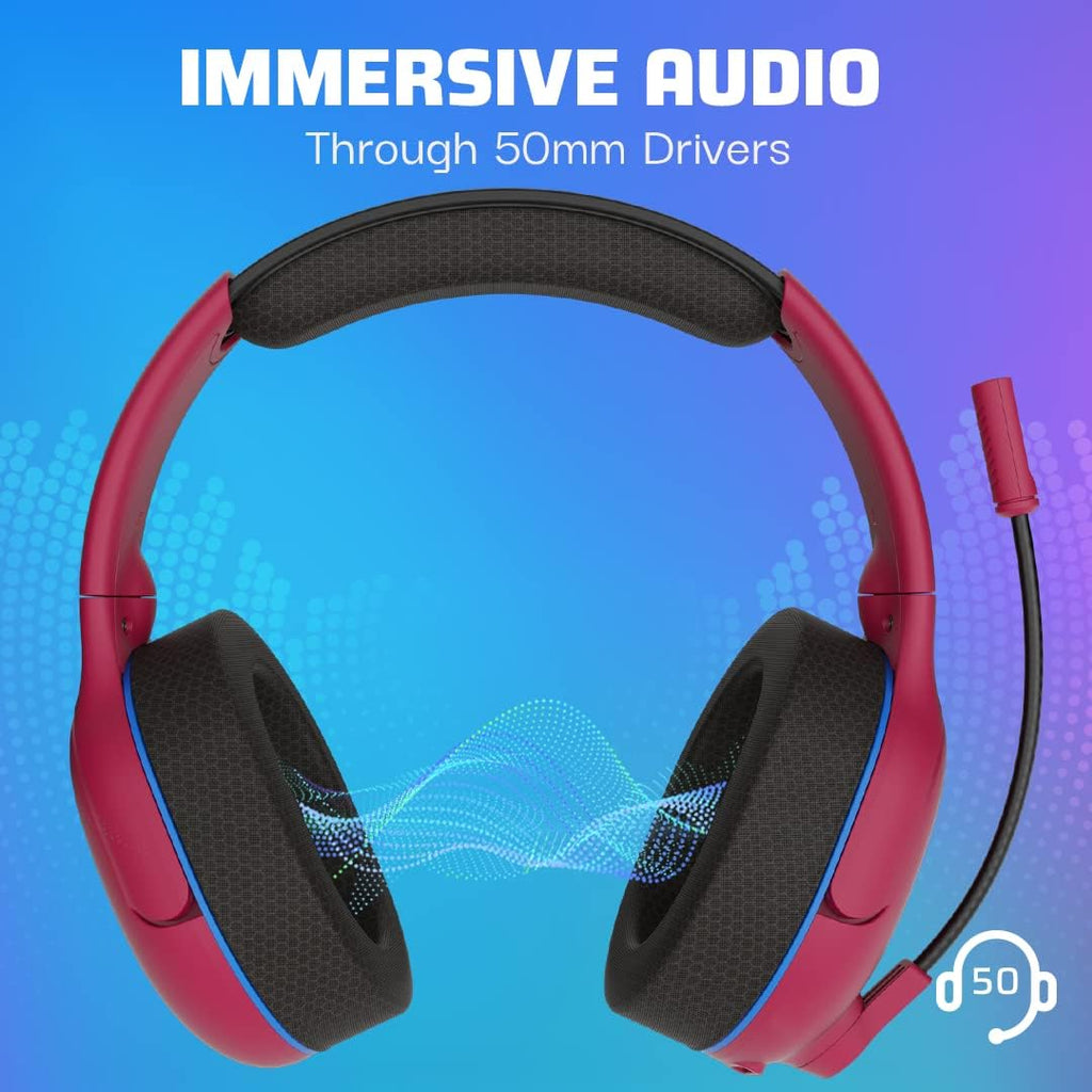 PDP AIRLITE Pro Wireless Stereo Gaming Headset. Officially Licensed by Sony PlayStation 5. PS5/PS4/PS3/PC. Lightweight Durable 40 Foot Connection. Noise-canceling Flip-to-Mute Mic. Cosmic Red