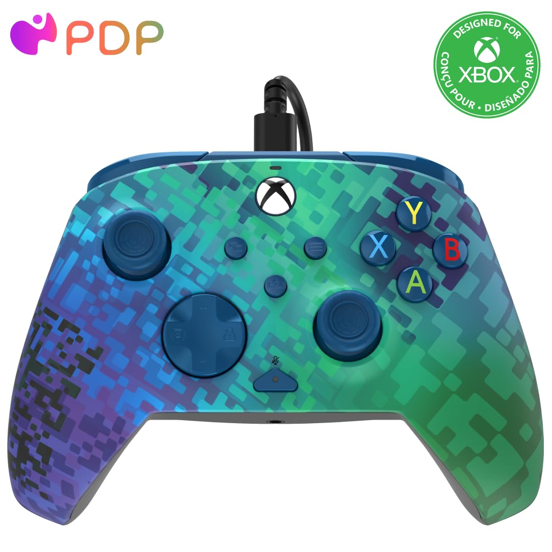 PDP Gaming REMATCH Enhanced Wired Gaming ControllerLicensed Xbox Series X|S Gamepad, Xbox One, PC, Mappable Back Buttons, Customizable Triggers, Audio Control, Companion App: Glitch Green/Blue