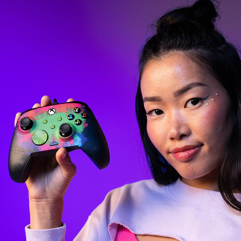 PDP Gaming REMATCH GLOW Enhanced Wired ControllerLicensed Xbox Series X|S Gamepad, Xbox One, Windows PC, Mappable Back Buttons, Audio Control, Customizable Companion App: Space Dust Glow in the Dark
