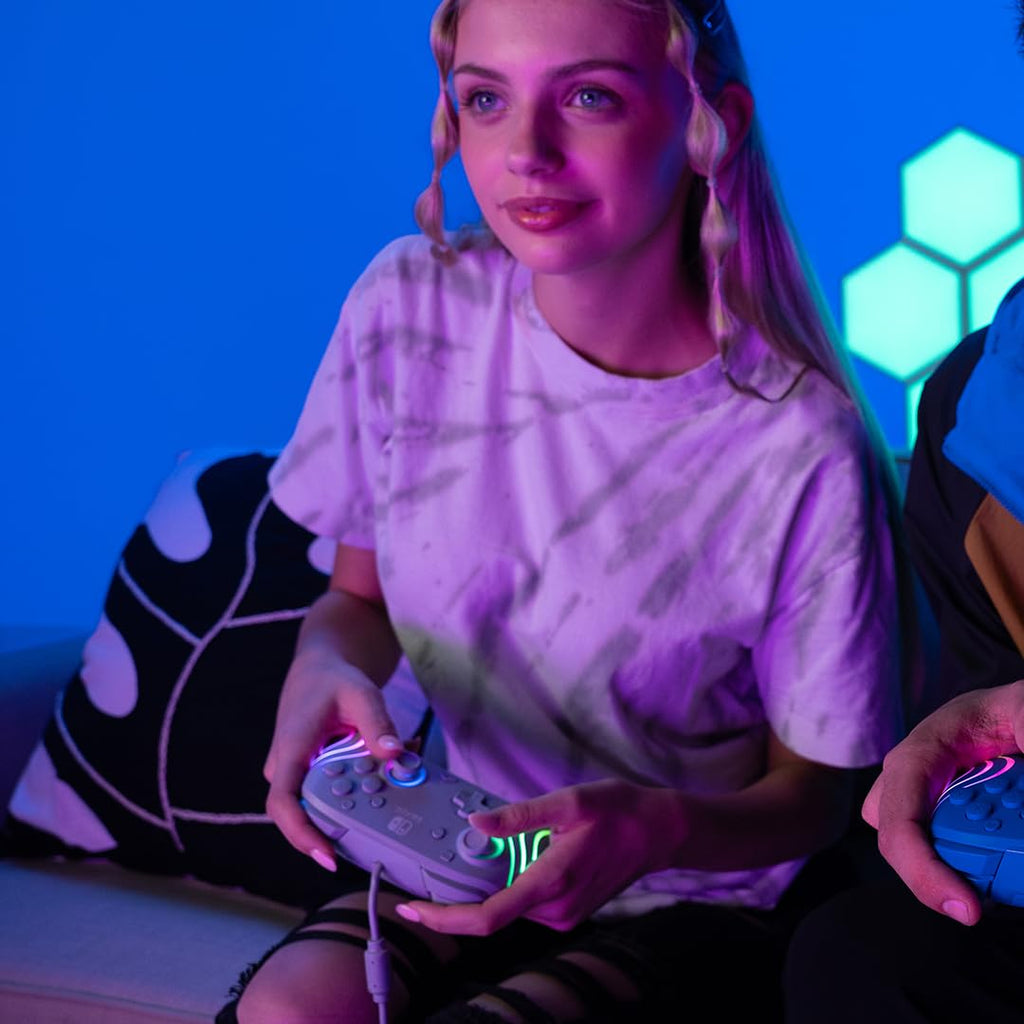PDP Afterglow Wave Wired RGB Gaming Controller for Nintendo Switch 2. Lite | Also works with Switch OLED. RGB LED Lighting. 2 Mappable Back Buttons. Audio Controls. Headset Jack. Motion Controls. Gray