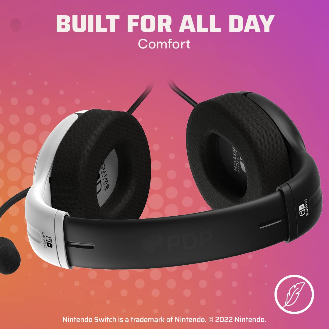 PDP Gaming AIRLITE Stereo Headset with Mic for Nintendo Switch/Switch Lite/OLED - Wired Power Noise Cancelling Microphone. Lightweight. Soft Comfort On Ear Headphones (Black & White)