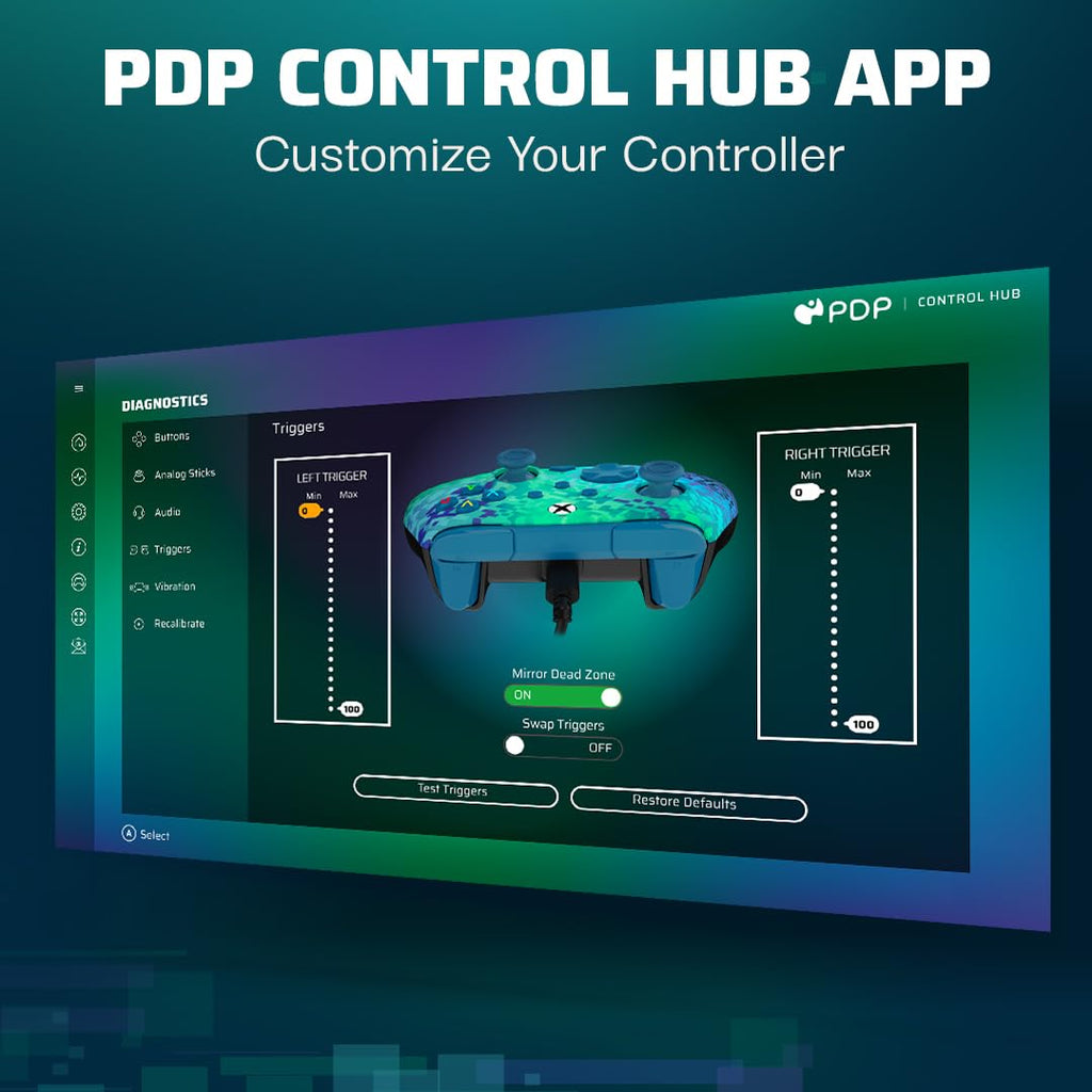 PDP Gaming REMATCH Enhanced Wired Gaming ControllerLicensed Xbox Series X|S Gamepad, Xbox One, PC, Mappable Back Buttons, Customizable Triggers, Audio Control, Companion App: Glitch Green/Blue