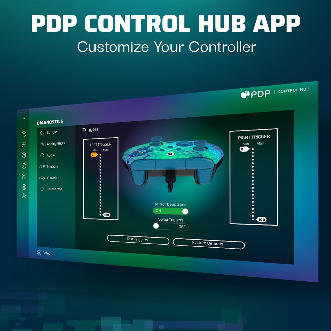 PDP Gaming REMATCH Enhanced Wired Gaming ControllerLicensed Xbox Series X|S Gamepad, Xbox One, PC, Mappable Back Buttons, Customizable Triggers, Audio Control, Companion App: Glitch Green/Blue