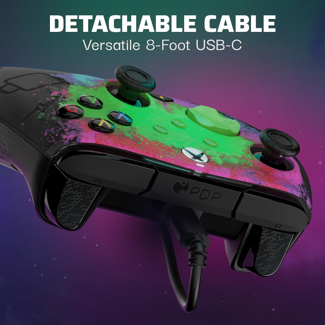 PDP Gaming REMATCH GLOW Enhanced Wired ControllerLicensed Xbox Series X|S Gamepad, Xbox One, Windows PC, Mappable Back Buttons, Audio Control, Customizable Companion App: Space Dust Glow in the Dark