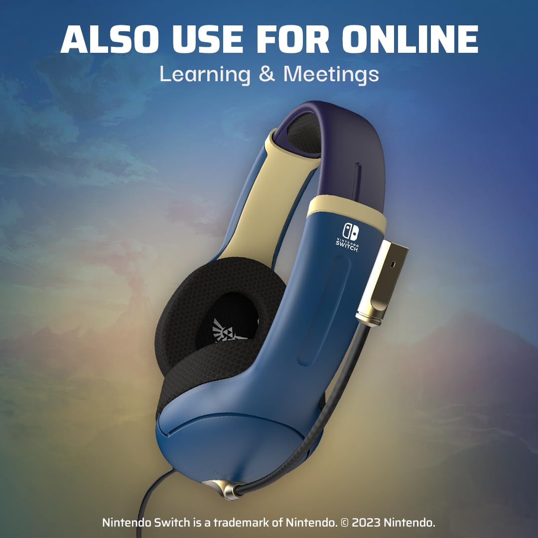 PDP Airlite Wired Gaming Headset for Nintendo Switch 2. Switch Lite. OLED | Flexible Noise-Cancelling Mic. Lightweight Design. Soft Ear Cushions. On-Ear Volume Controls. Zelda Hyrule Blue Edition