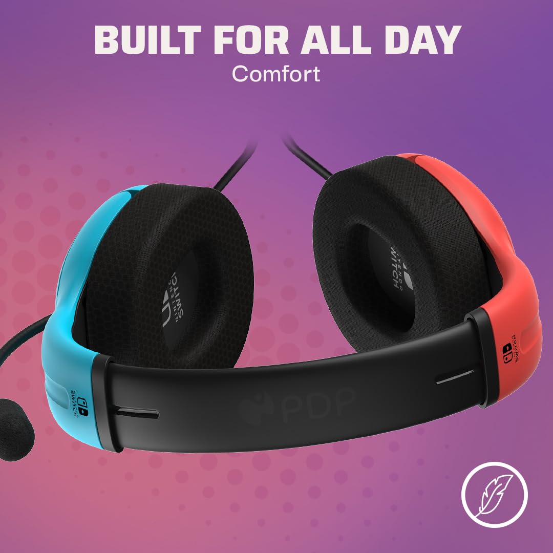 PDP Gaming LVL40 Airlite Stereo Headset for Nintendo Switch/Lite/OLED - Wired Power Noise Cancelling Microphone. Lightweight Soft Comfort On Ear Headphones (Mario Neon - Red & Blue)