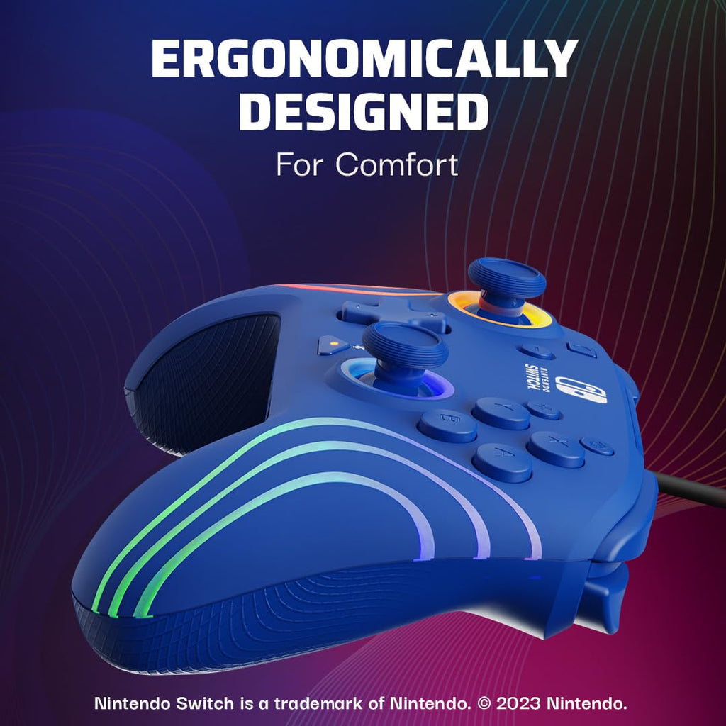 PDP Afterglow Wave Wired RGB Gaming Controller for Nintendo Switch 2. Lite | Also works with Switch OLED. RGB LED Lighting. 2 Mappable Back Buttons. Audio Controls. Headset Jack. Motion Controls. Blue