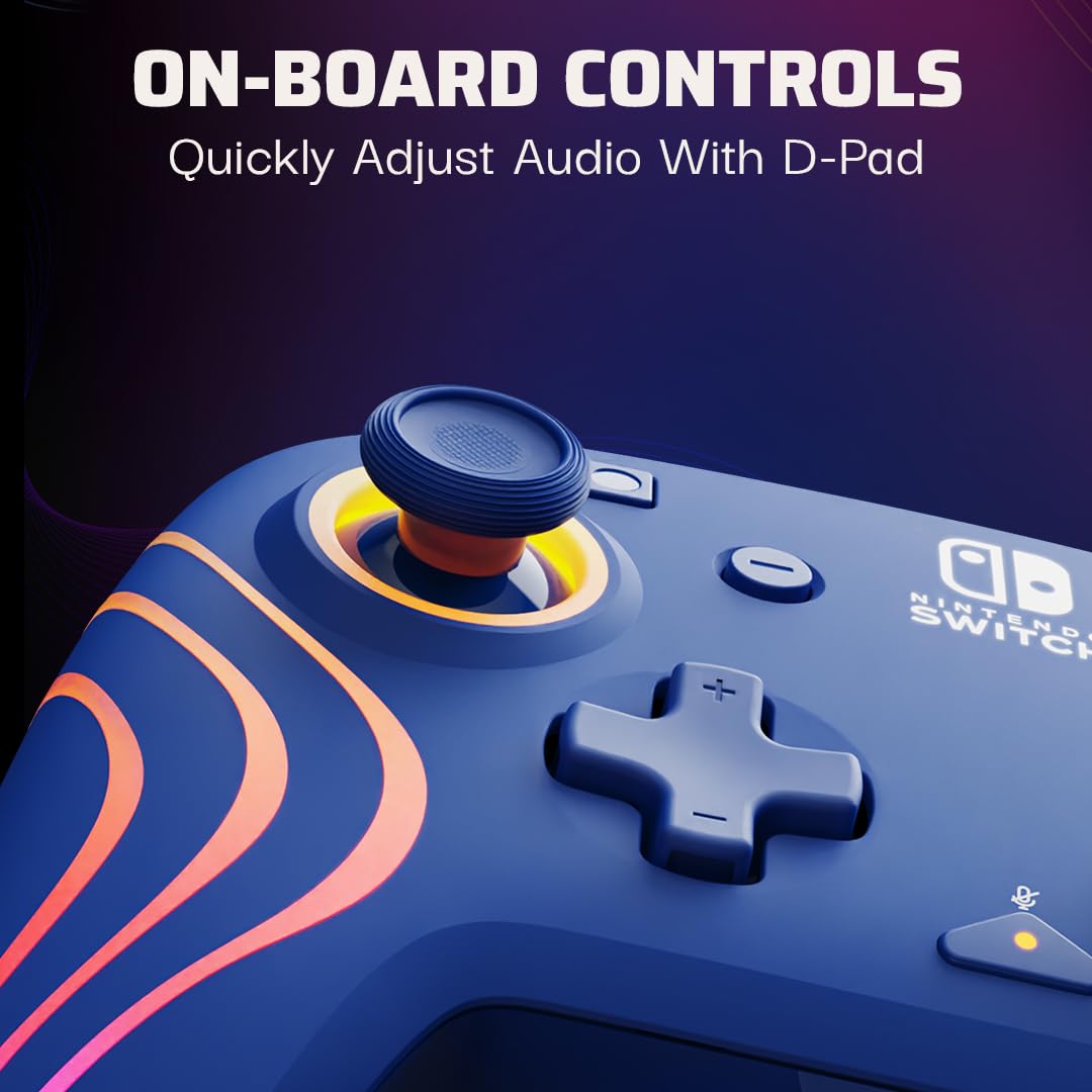 PDP Afterglow Wave Wired RGB Gaming Controller for Nintendo Switch 2. Lite | Also works with Switch OLED. RGB LED Lighting. 2 Mappable Back Buttons. Audio Controls. Headset Jack. Motion Controls. Blue