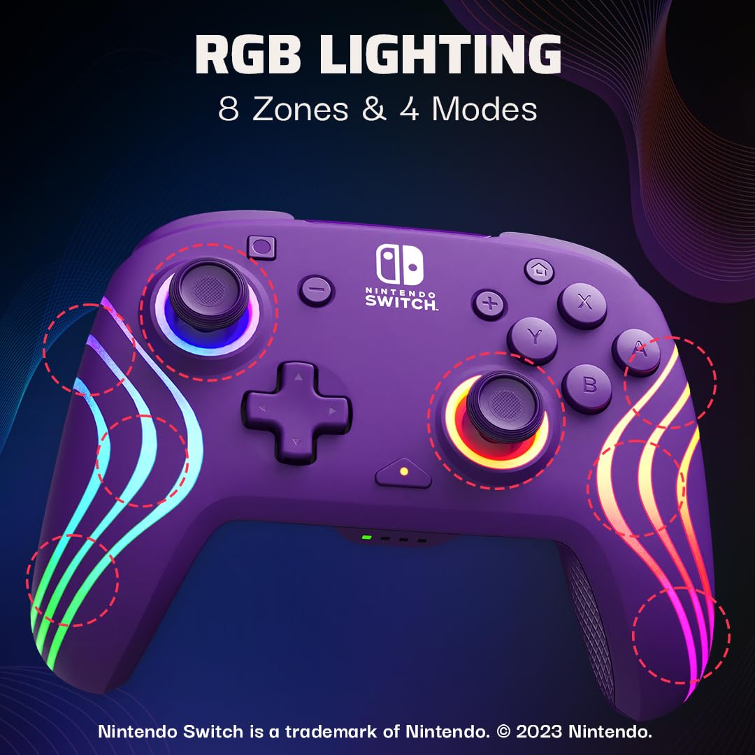 PDP Afterglow Wave Wireless RGB Gaming Controller for Nintendo Switch 2 | Nintendo Switch Lite. OLED. RGB LED Lighting. App Customization. Rechargeable 20-Hr Battery. 2 Mappable Back Buttons. Purple
