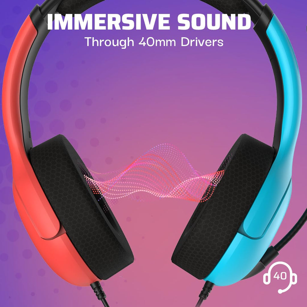 PDP Gaming LVL40 Airlite Stereo Headset for Nintendo Switch/Lite/OLED - Wired Power Noise Cancelling Microphone. Lightweight Soft Comfort On Ear Headphones (Mario Neon - Red & Blue)