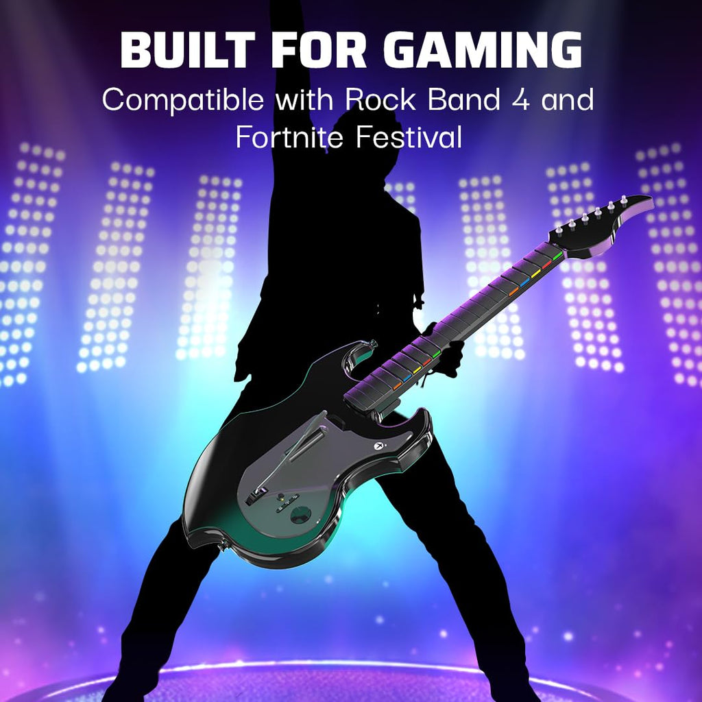PDP Riffmaster Wireless Guitar Controller for Xbox Series X|S. Xbox One. PC | Licensed for Xbox. Rock Band 4 & Fortnite Festival. 3.5mm audio jack. Rechargeable 36-Hr Battery. Collapsible Design - Black