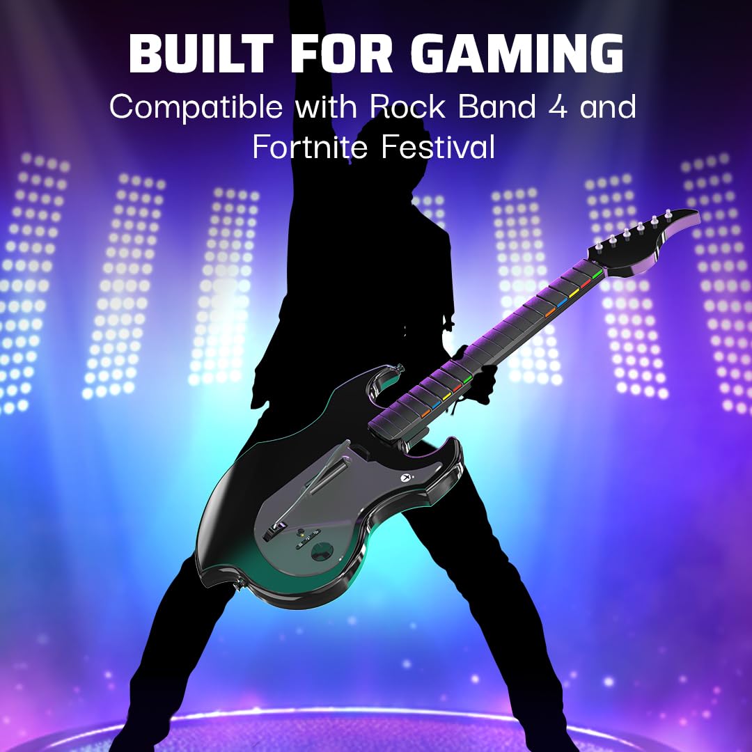 PDP Riffmaster Wireless Guitar Controller for Xbox Series X|S. Xbox One. PC | Licensed for Xbox. Rock Band 4 & Fortnite Festival. 3.5mm audio jack. Rechargeable 36-Hr Battery. Collapsible Design - Black
