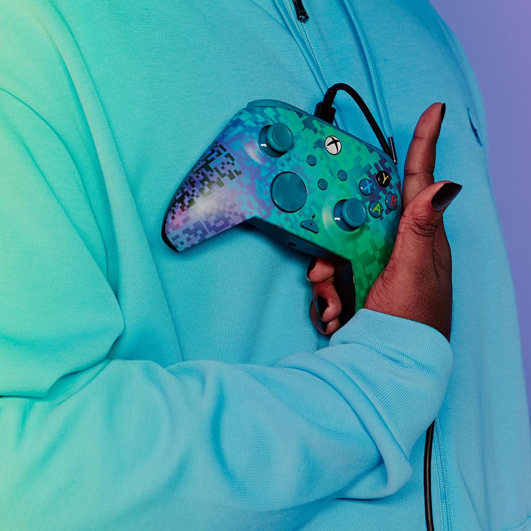 PDP Gaming REMATCH Enhanced Wired Gaming ControllerLicensed Xbox Series X|S Gamepad, Xbox One, PC, Mappable Back Buttons, Customizable Triggers, Audio Control, Companion App: Glitch Green/Blue