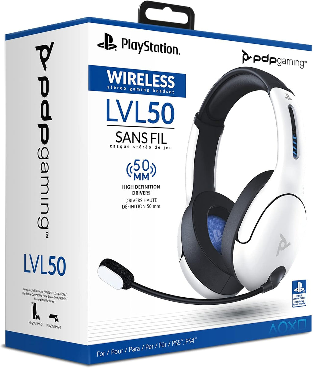 PDP LVL50 Wireless Stereo Gaming Headset. Officially Licensed by Sony PlayStation 5. PS5/PS4/PS3/PC. Lightweight Durable 40 Foot Connection. Noise-canceling Flip-to-Mute Mic. White