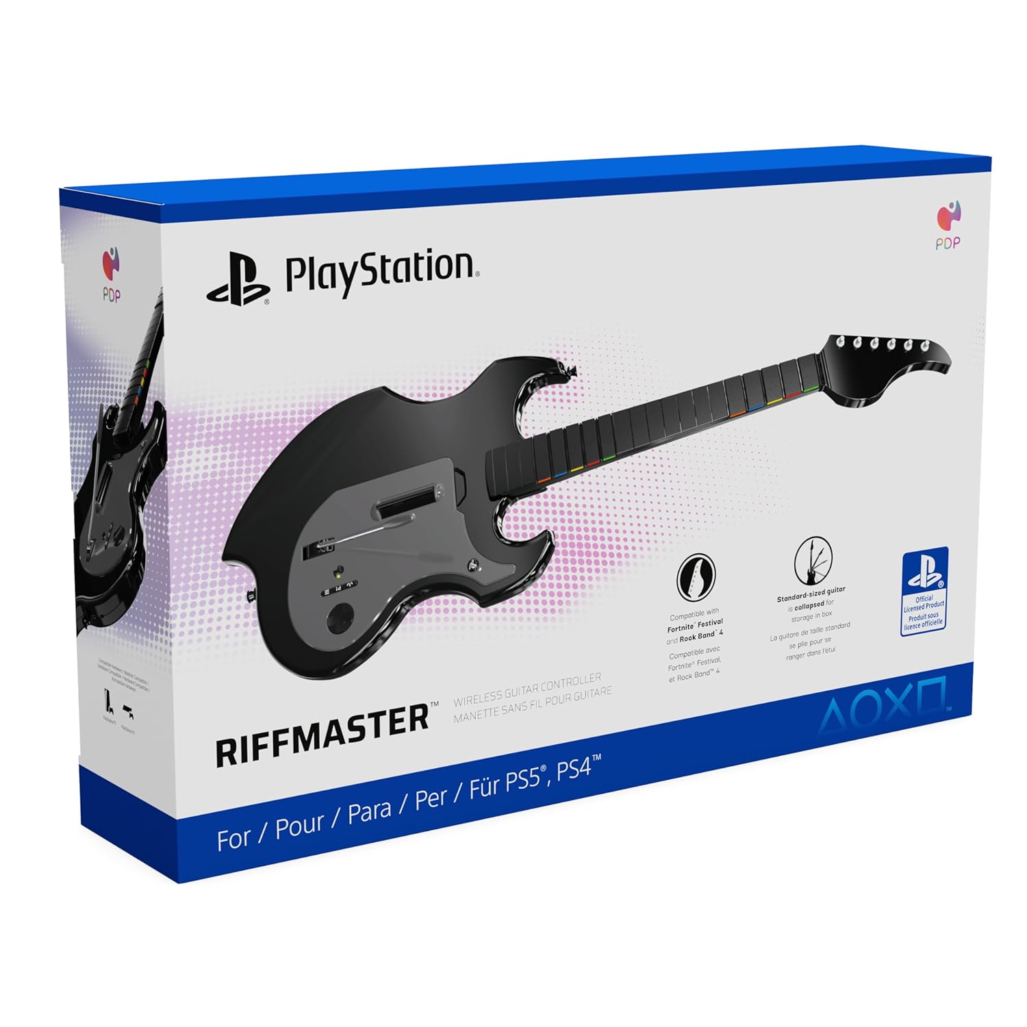 PDP Riffmaster Wireless Guitar Controller for PS5. PS4. PlayStation. PC | Licensed by Sony. Rock Band 4 & Fortnite Festival. 3.5mm audio jack. Rechargeable 36-Hr Battery. Collapsible Design - Black