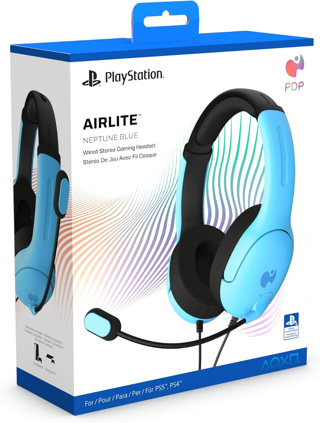 PDP AIRLITE Wired Stereo Gaming Headset. Officially Licensed by Sony PlayStation 5. PS5/PS4/PS3/PC. Lightweight Durable Headphones. 3.5mm Audio Jack. Noise-canceling Flip-to-Mute Mic. Neptune Blue
