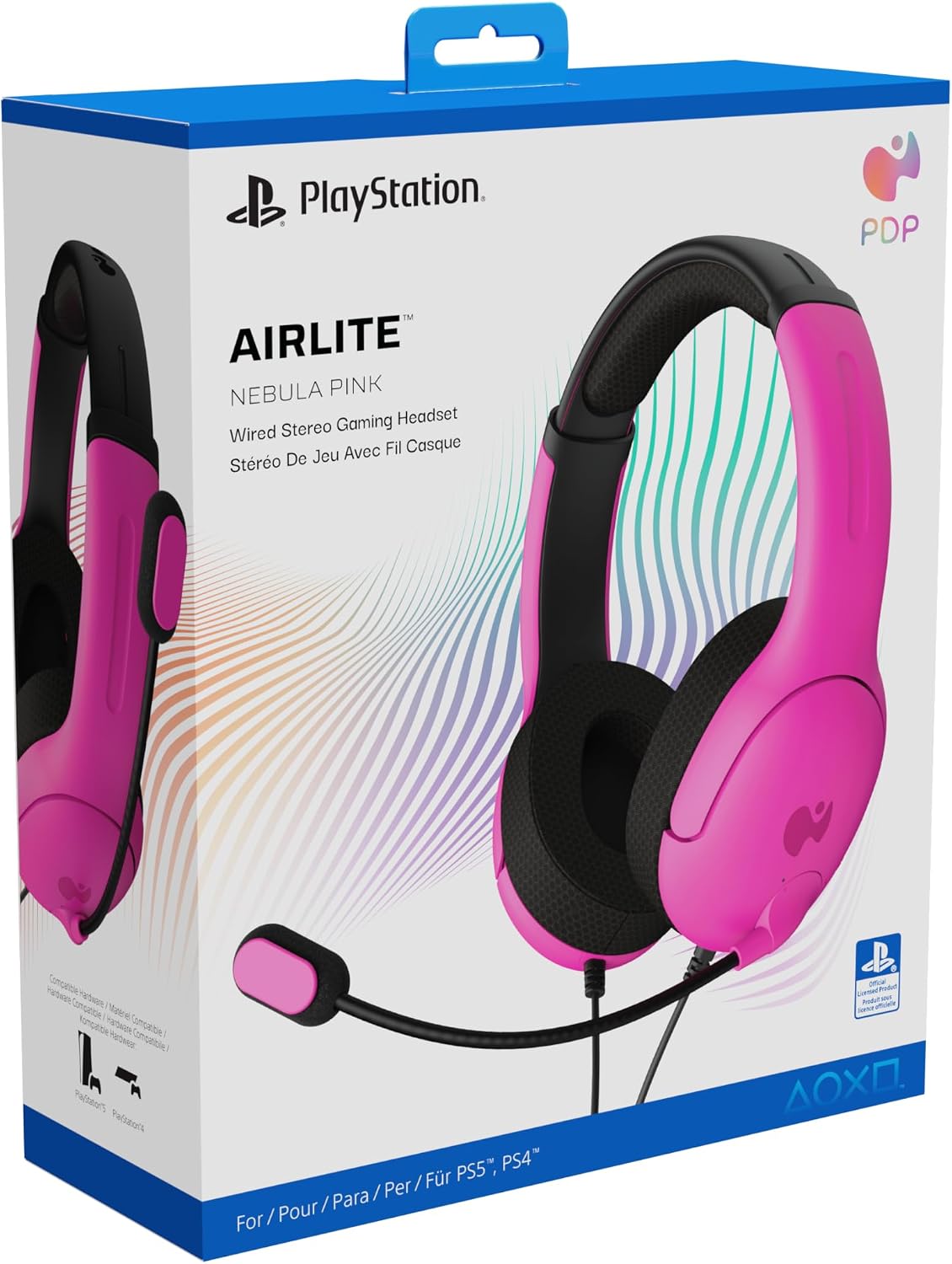 PDP AIRLITE Wired Stereo Gaming Headset. Officially Licensed Sony PlayStation 5. PS5/PS4/PS3/PC. Lightweight Durable Headphones. 3.5mm Audio Jack. Noise-canceling Flip-to-Mute Mic. Nebula Pink